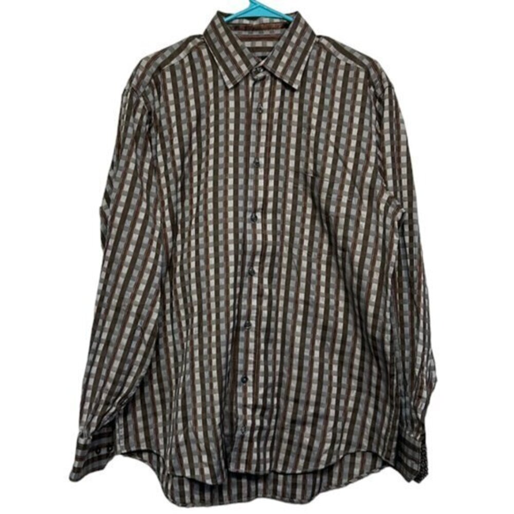 Men's Bugatchi Uomo Brown Tan Plaid Checker Long Sleeve Casual Button Down Shirt